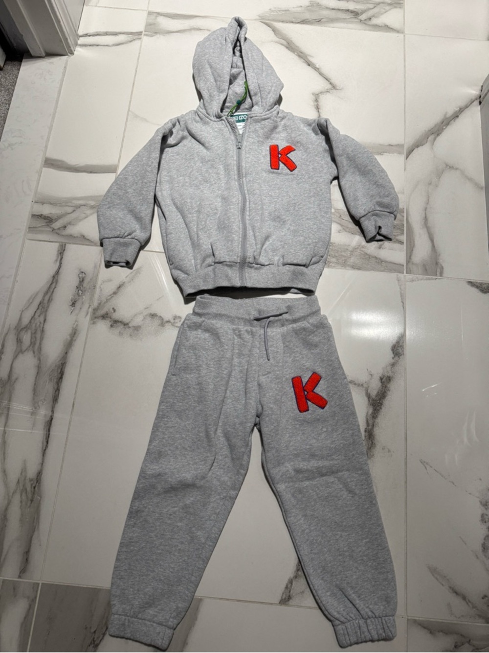 Kenzo Kids Gray Hoodie & Sweatpants Set with orange ‘K' Patch, matching orange T